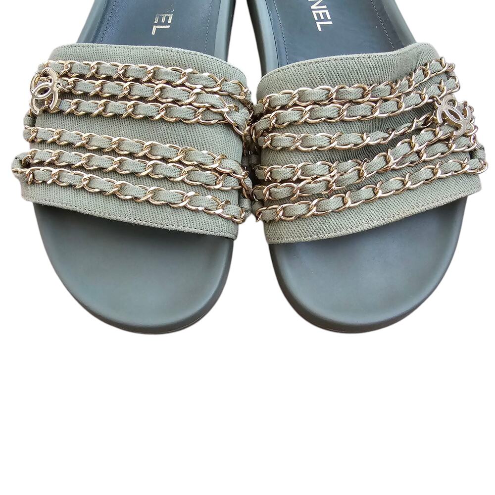 Chanel CC Chain Slide Flat Sandal Khaki Green Canvas Gold Logo 38 US 7 7.5 - Picture 6 of 10